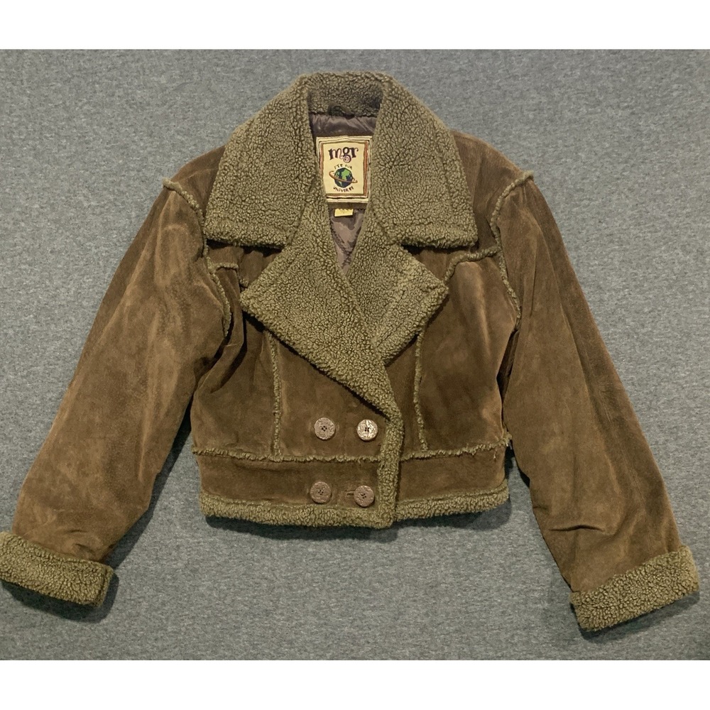 VTG 90s Mgr Its Our Universe Brown Leather Crop Winter Jacket Suede - Size S